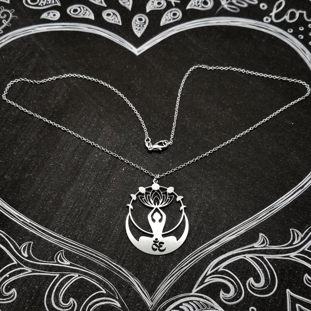 Om Buddha with Lotus & Moons Silver Necklace - Picture 2 of 3